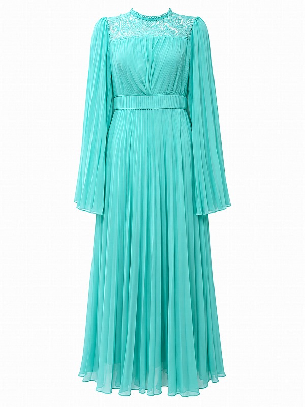 【新品DRESS 3387】バックカットアウトシフォンプリーツミモレ丈フレアロングドレス ブルーグリーン【KAREN MILLEN】